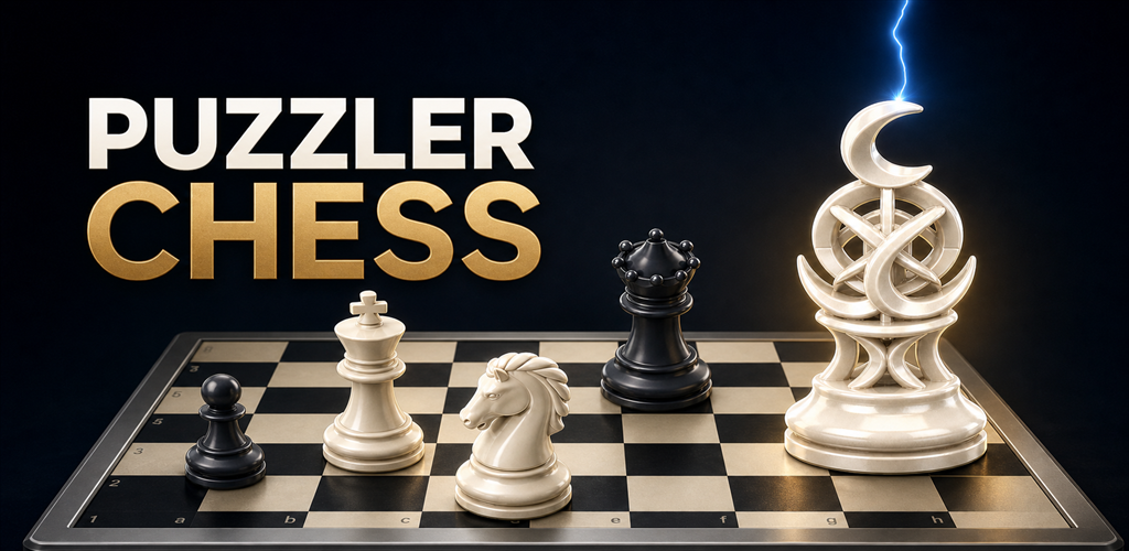 Puzzler Chess banner featuring the Celestial Pawn and lightning.